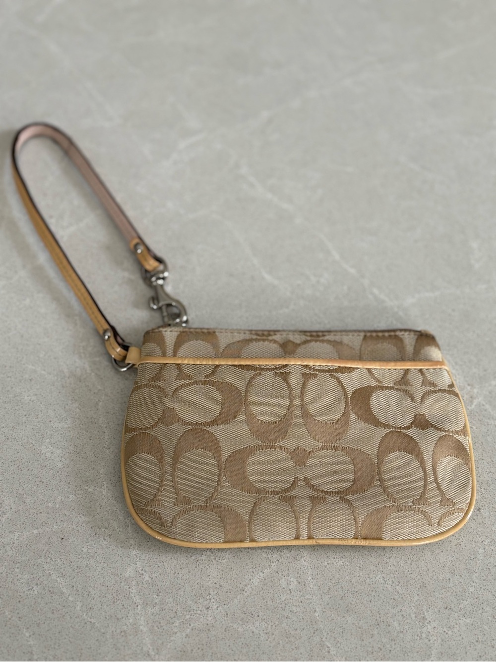 Coach Tan Signature Canvas Wristlet Leather Trim Khaki Beige Tan Small Wristlet